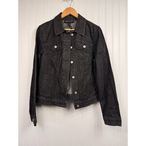 INC International Concepts Denim Jean Jacket Women Size L Black Rhinestone Skull